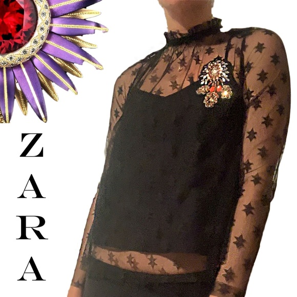 NEW WITH TAGS Zara black star patterned tool long sleeve blouse over black cami - Picture 1 of 7
